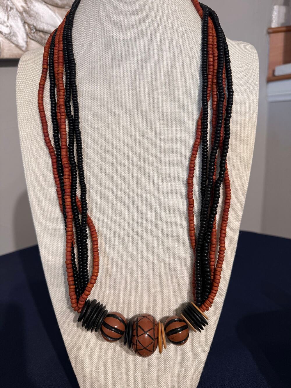 Vintage Multi Strand Wood Bead Statement Necklace 33” 128grams
